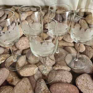 (5) TALL SHIP ETCHED WINE GLASSES